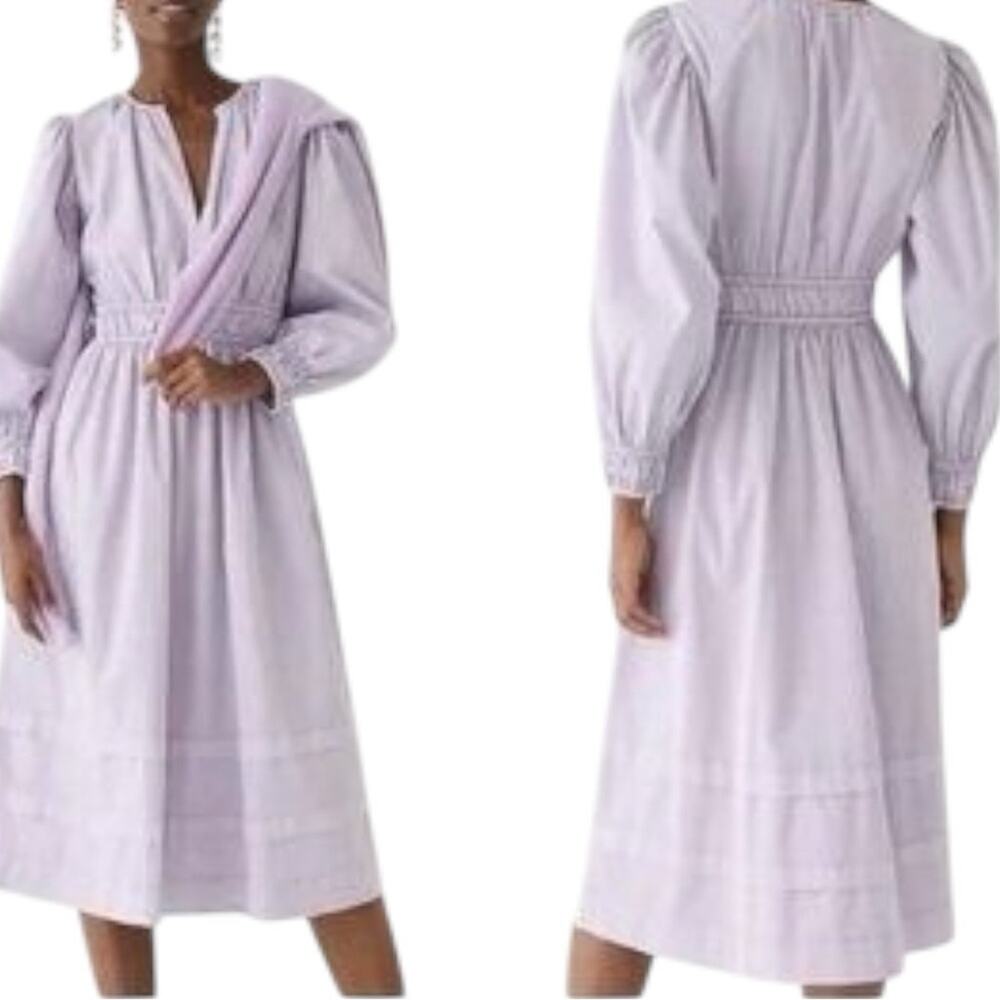 J. Crew Lavender Cotton Purple Smocked Gown with Bishop Sleeves Size Small